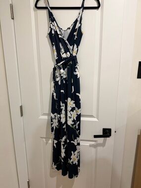 Navy Floral Wrap Jumpsuit with Spaghetti Straps
